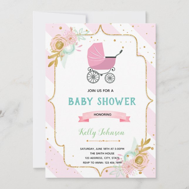 Invitation au baby shower à fleurs de poussette (Devant)