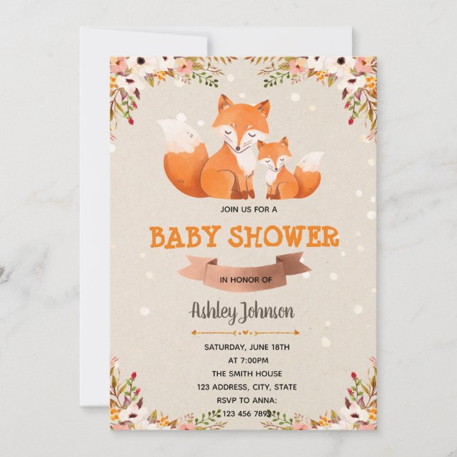 Invitation au baby shower à fleurs de renard (Devant)