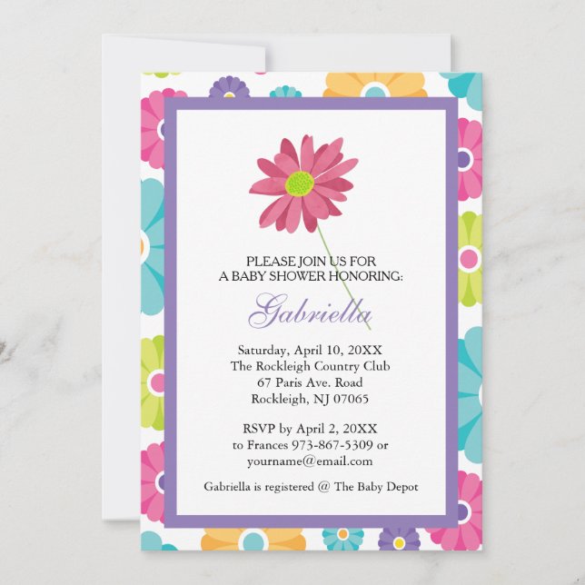 Invitation au Baby shower à fleurs rose (Devant)