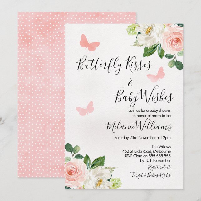 Invitation au Baby shower à papillon flou (Devant / Derrière)