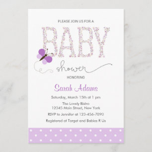 Invitation au Baby shower à papillon pourpre