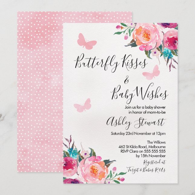 Invitation au Baby shower à papillons floraux (Devant / Derrière)