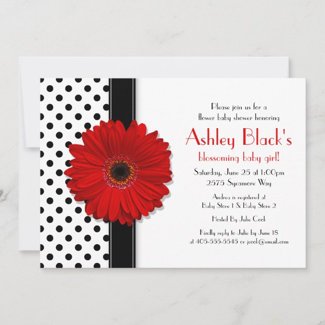 Invitation au Baby shower à points Polka noir et b (Devant)