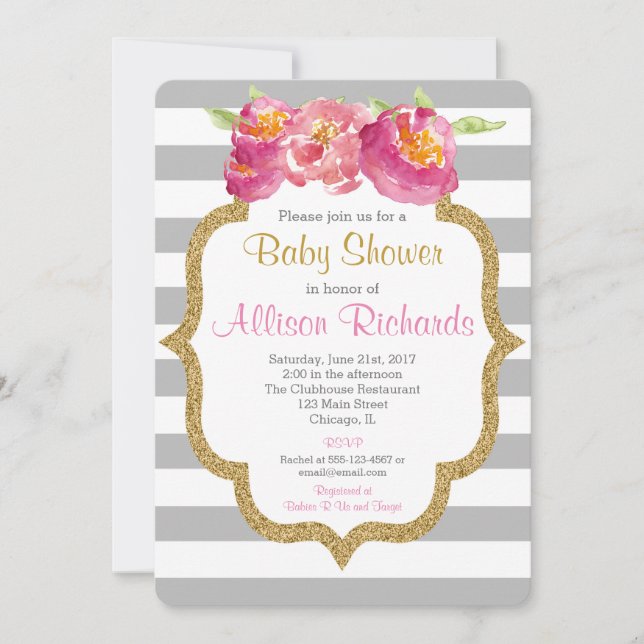 invitation au baby shower à rayures blanches de co (Devant)
