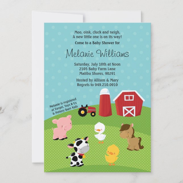 Invitation au Baby shower animal de Barnyard (Devant)