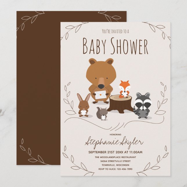 Invitation au Baby shower animal des bois (Devant / Derrière)