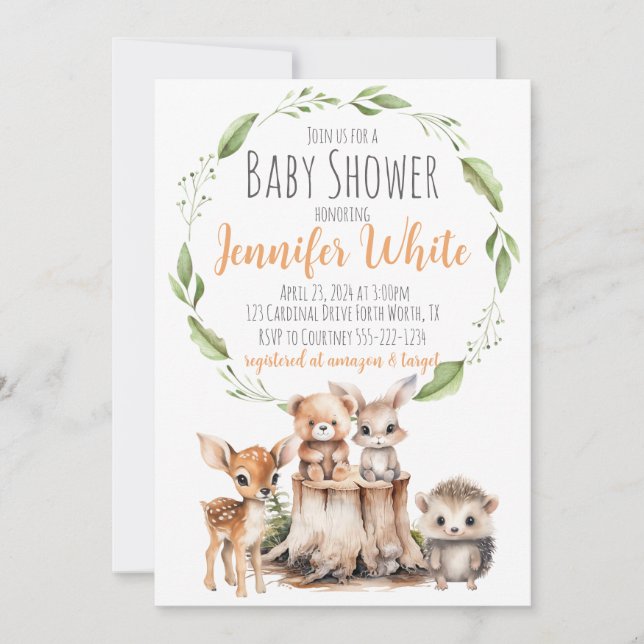 Invitation au Baby shower animal des bois (Devant)