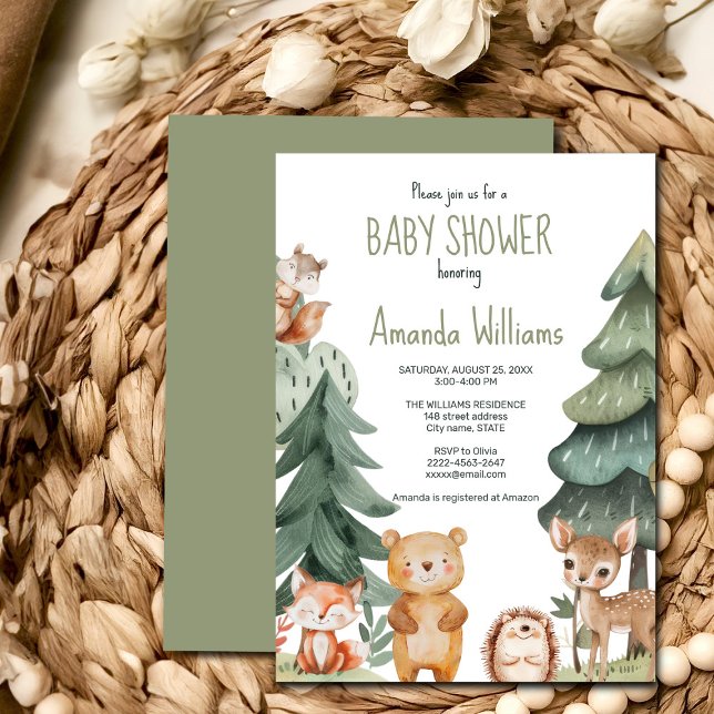 Invitation au baby shower animal forestier (Woodland watercolor animals baby shower invitation, sage green forest, gender neutral, boy, girl)
