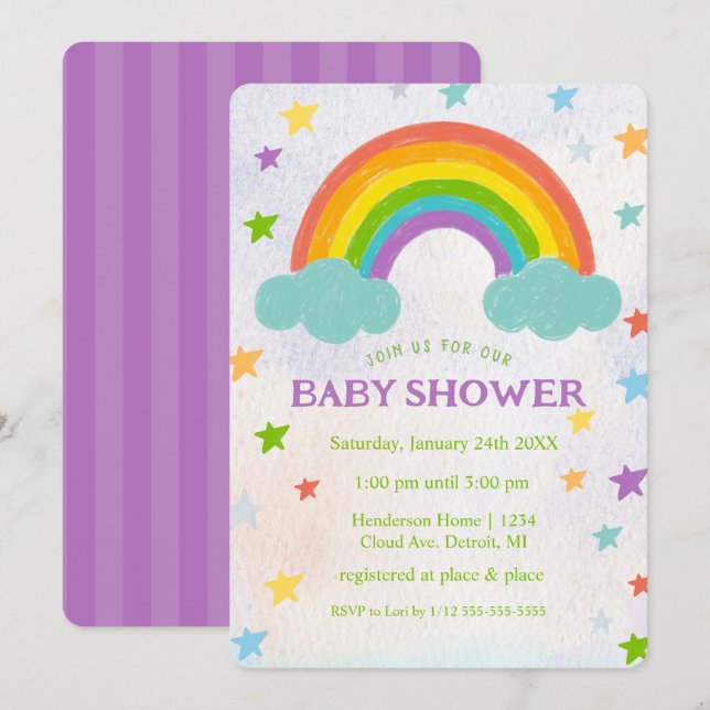 Invitation au Baby shower arc-en-ciel (Devant / Derrière)