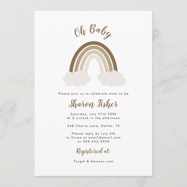 Invitation au Baby shower arc-en-ciel neutre (Devant)