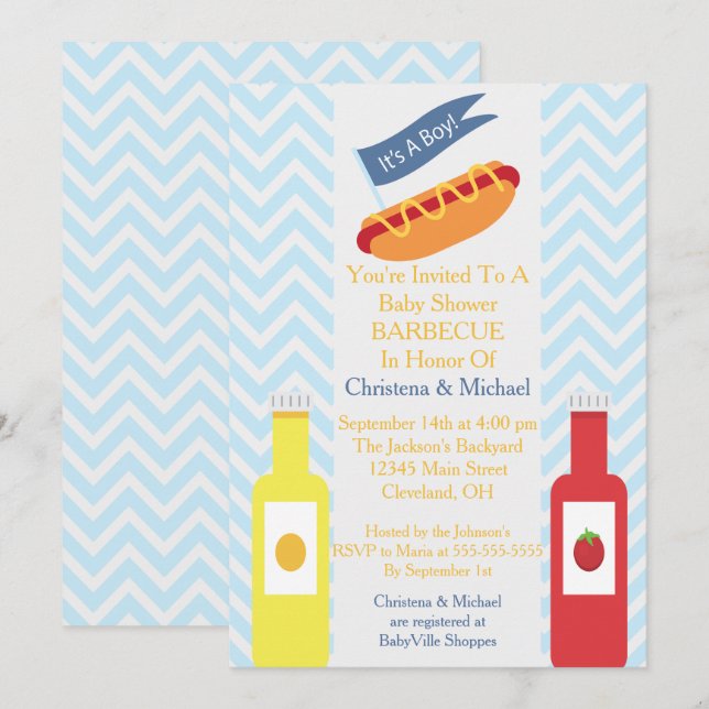 Invitation au Baby shower BBQ de Blue Chevron Hotd (Devant / Derrière)