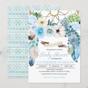 Invitation au Baby shower bleu Boho Dreamcatcher