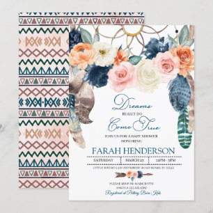 Invitation au Baby shower bleu Boho Dreamcatcher