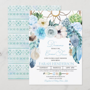 Invitation au Baby shower bleu Boho Dreamcatcher