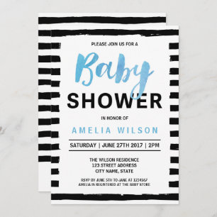 Invitation au Baby shower bleu Chic Black Stripes