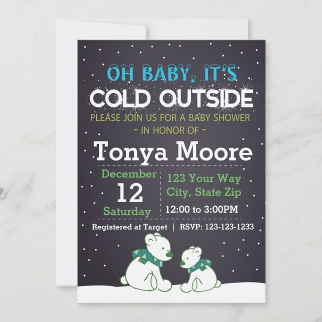 Invitation au Baby shower bleu de l'ours polaire (Devant)