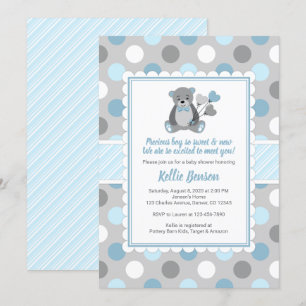 Invitation au baby shower bleu gris de l'ours en p