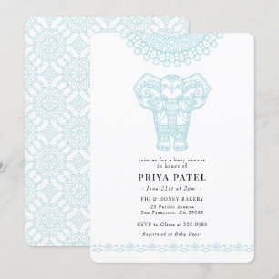Invitation au Baby shower bleu indien Elephant