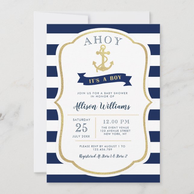 invitation au baby shower bleu marine (Devant)