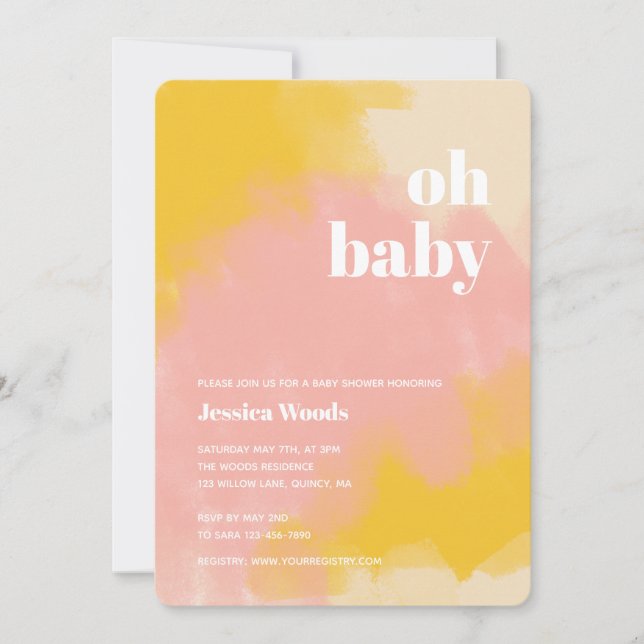Invitation au Baby shower Boho rose et jaune (Devant)
