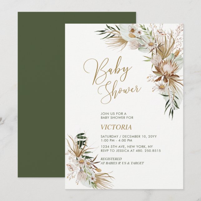 Invitation au Baby shower Botanique Green & Gold B (Devant / Derrière)