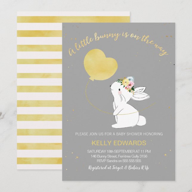Invitation au Baby shower Bunny neutre pour les fe (Devant / Derrière)