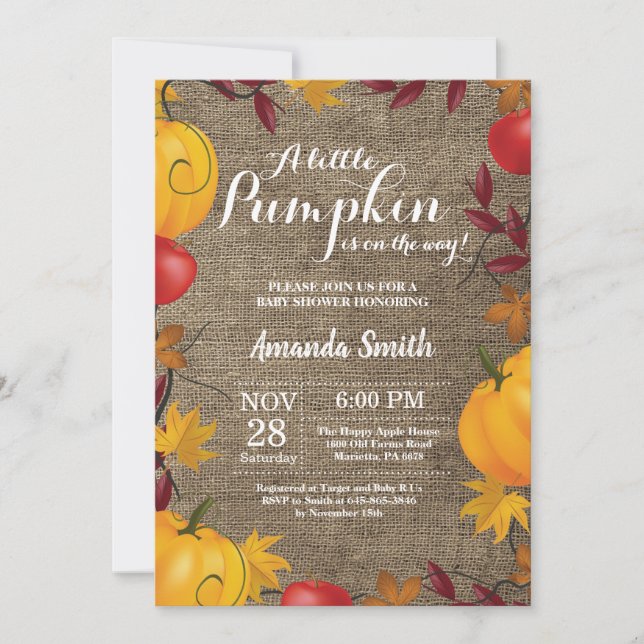 Invitation au Baby shower Burlap Citrouille d'auto (Devant)