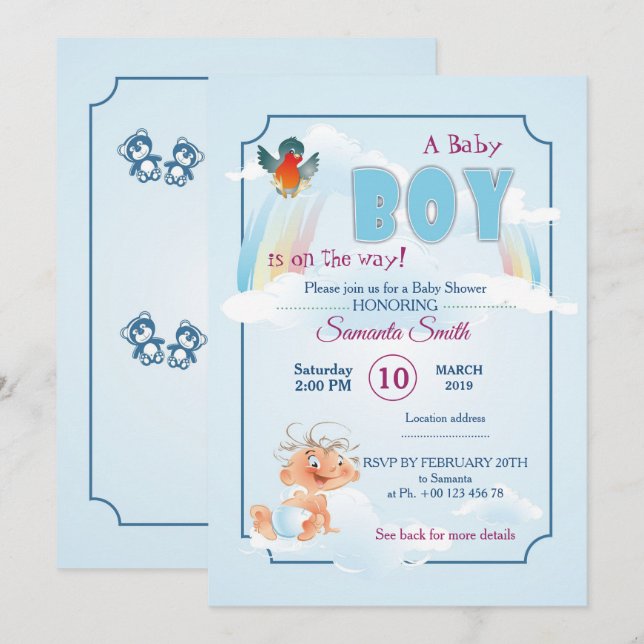 invitation au baby shower, c'est un garçon (Devant / Derrière)
