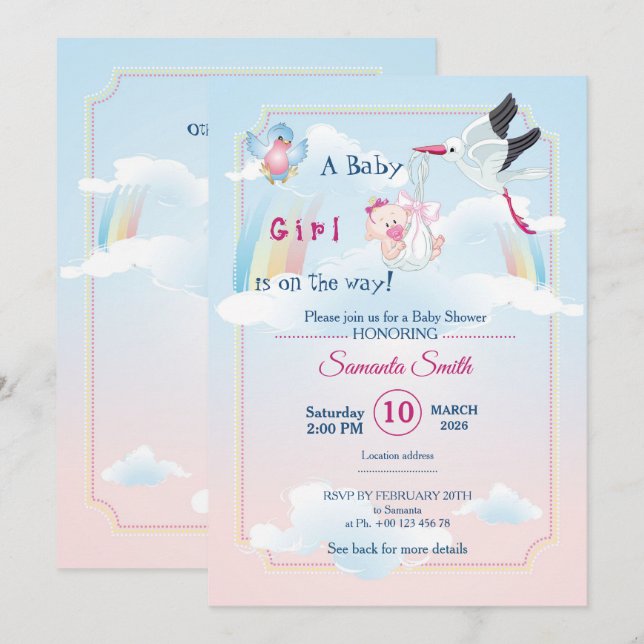 invitation au baby shower, c'est une fille (Devant / Derrière)