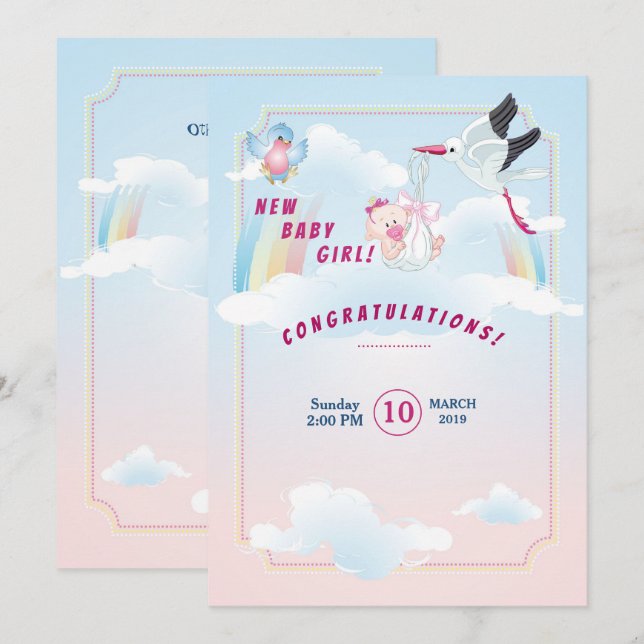 invitation au baby shower, c'est une fille (Devant / Derrière)