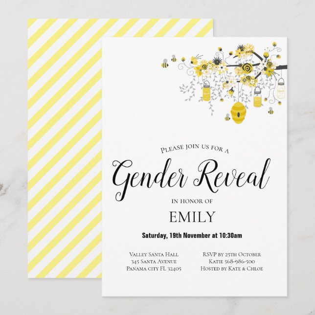 Invitation au Baby shower d'abeilles pour la révél (Devant / Derrière)