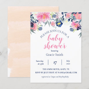 Invitation au Baby shower d'aquarelle Blush et Nav