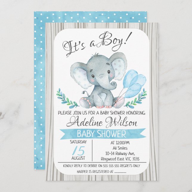 Invitation au Baby shower d'aquarelle d'éléphant B (Devant / Derrière)