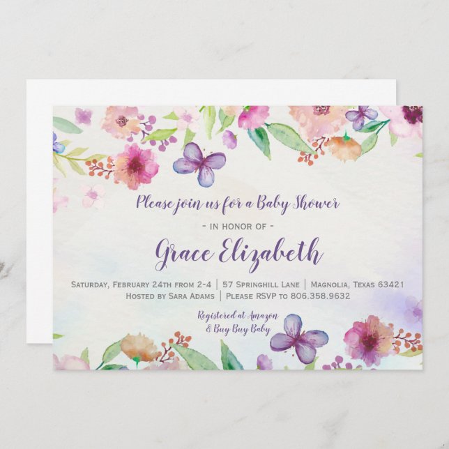 Invitation au Baby shower d'aquarelle florale papi (Devant / Derrière)