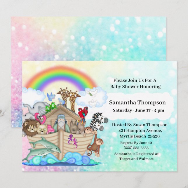 Invitation au Baby shower d'arche de Blue Noah (Devant / Derrière)