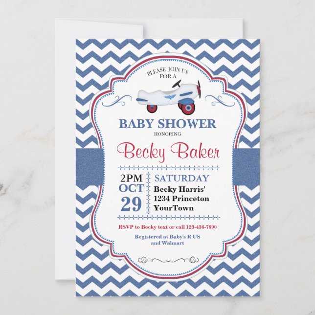 Invitation au Baby shower d'avion de jouets Vintag (Devant)