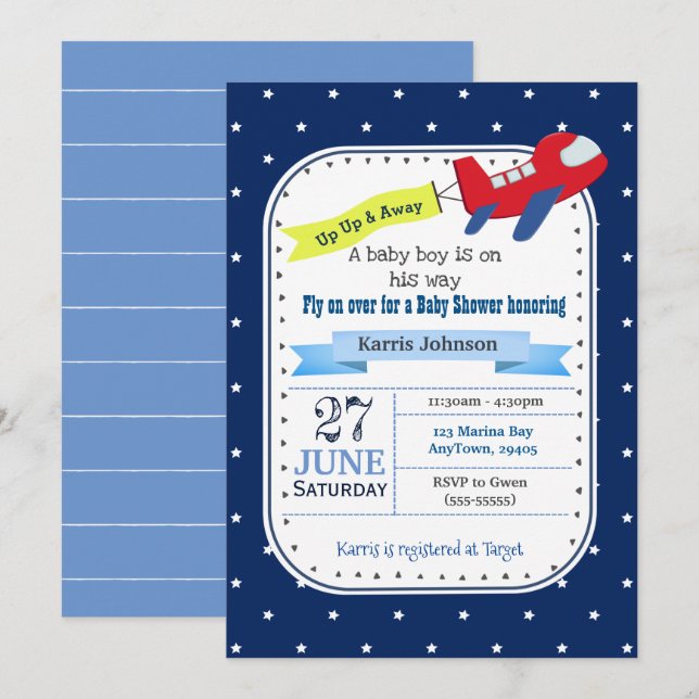 Invitation au Baby shower d'avion Rouge et Navy Bl (Devant / Derrière)