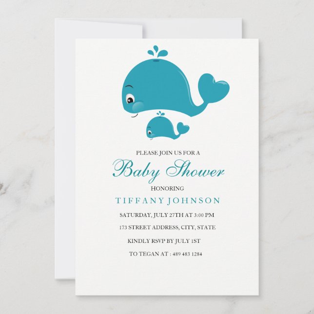 Invitation au Baby shower de baleines mignonnes sa (Devant)