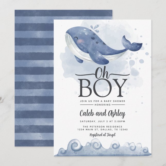 Invitation au Baby shower de baleines nautiques (Devant / Derrière)