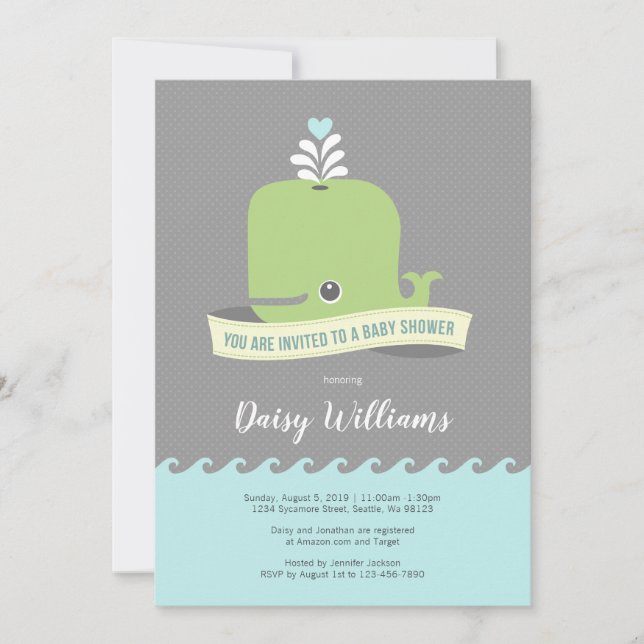Invitation au Baby shower de baleines vertes (Devant)