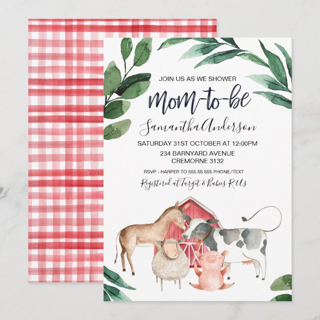 Invitation au Baby shower de Barnyard, dans le jar (Devant / Derrière)