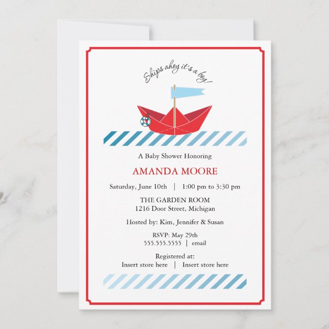 Invitation au Baby shower de bateau à papier (Devant)