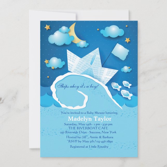 Invitation au Baby shower de bateau à voile papier (Devant)