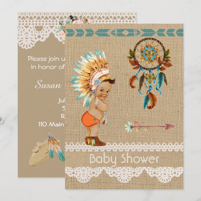 Invitation au Baby shower de bébé autochtone améri (Devant / Derrière)