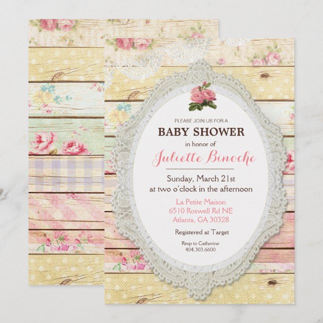 Invitation au Baby shower de bois de Shabby Chic F (Devant / Derrière)