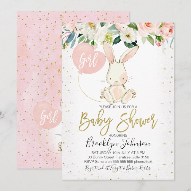 Invitation au Baby shower de Bunny de fleurs de fi (Devant / Derrière)