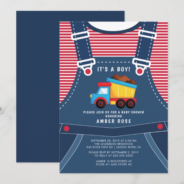 Invitation au Baby shower de camion de vidange (Devant / Derrière)