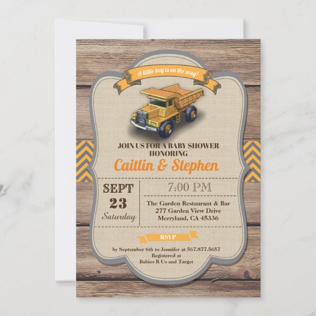 Invitation au baby shower de camion de vidange. Ré (Devant)