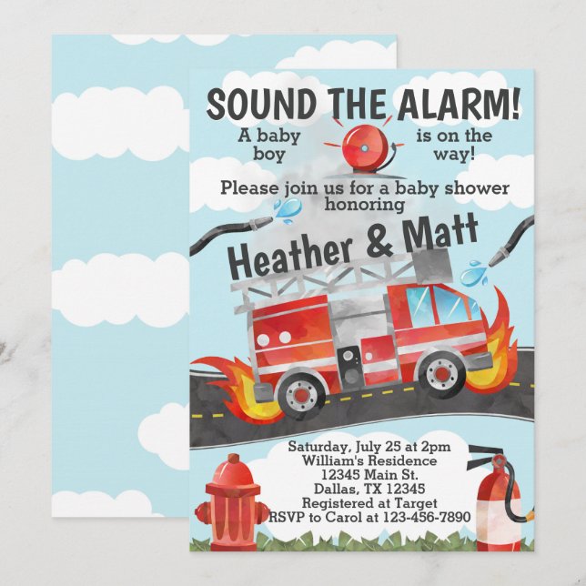Invitation au Baby shower de camions à feu, Invita (Devant / Derrière)