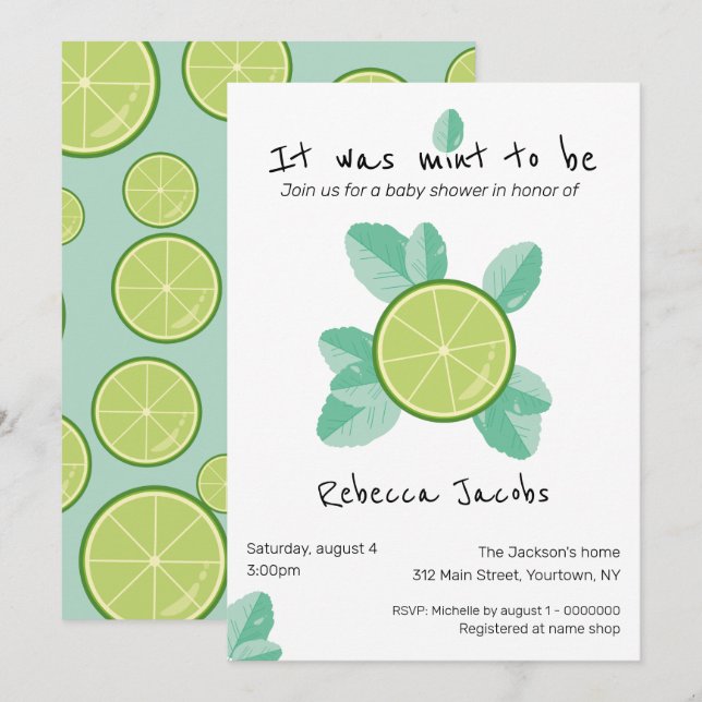 Invitation au Baby shower de chaux et de menthe (Devant / Derrière)